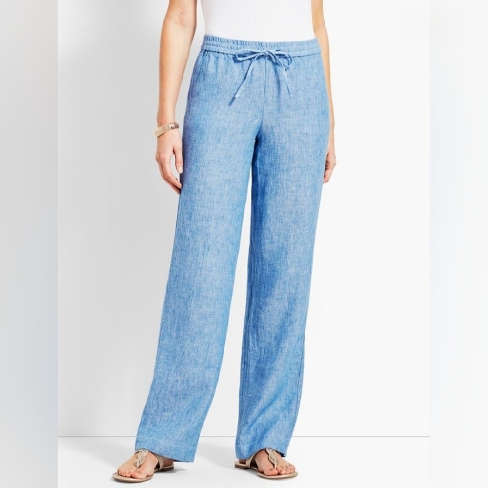 Talbots Woman 100% Linen Pant, Blue, Elastic Waist, Wide Leg, EUC